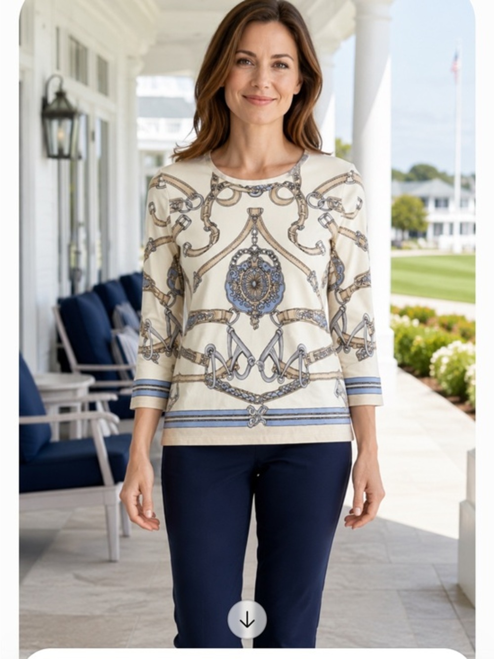 J McLaughlin Catalina Cloth Equestrian Print 3/4 Sleeve Blouse Top Shirt S